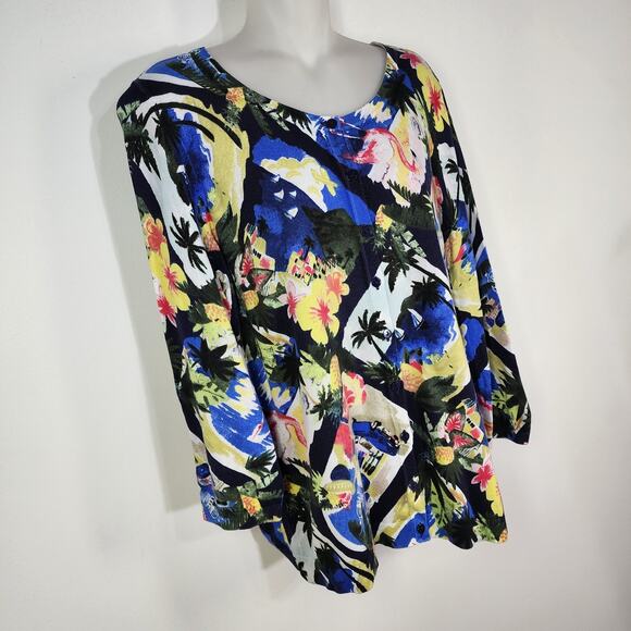 Talbots Womens Cardigan Sweater 0X Tropical Palm Flamingo Button Stretch Knit - Picture 4 of 9